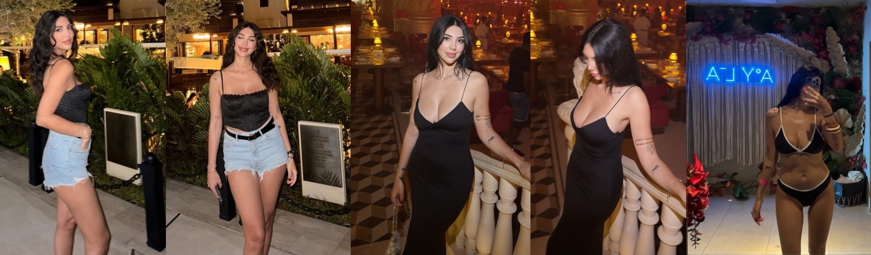 Collage of a woman posing at a nightlife venue in different outfits: denim shorts with a black top, a black mini dress, a long black gown, and a bikini with neon backdrop.